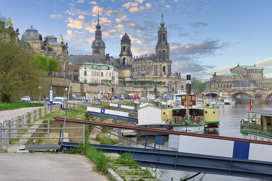 Historic center viewed from the Elbe with the Cathedral of the Holy Trinity and the Semperoper, Dresden, Saxony, Germany