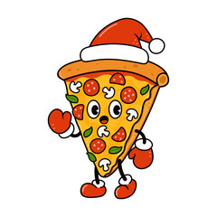Pizza slice cartoon character celebrating Christmas holidays