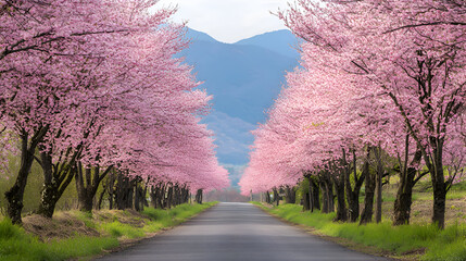 Cherry Blossom Road Trip Beauty Row of blooming cherry trees line a long asphalt road leading toward distant mountains in soft light, perfect for spring nature landscapes and travel adventures