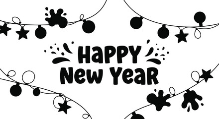 Happy New Year text surrounded by festive string lights and abstract shapes on a white background.