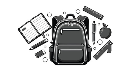 A backpack is surrounded by school supplies including a notebook, pencils, an apple, and rulers.