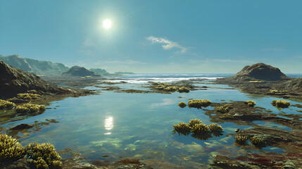 Coastal Seascape Rocks Under Sunny Sky A serene coastal view featuring reflective shallow water pools among rocky formations and green moss, with a bright sun illuminating the peaceful seashore
