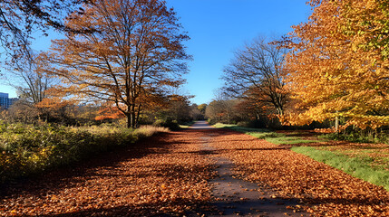 Autumn Pathway Landscape with Fallen Leaves in Vibrant Colors Nature scene with a path covered in colorful fall foliage, trees showing signs of the changing season, blue sky above on a bright day,