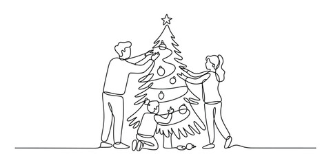 Continuous line art of family decorating christmas tree together