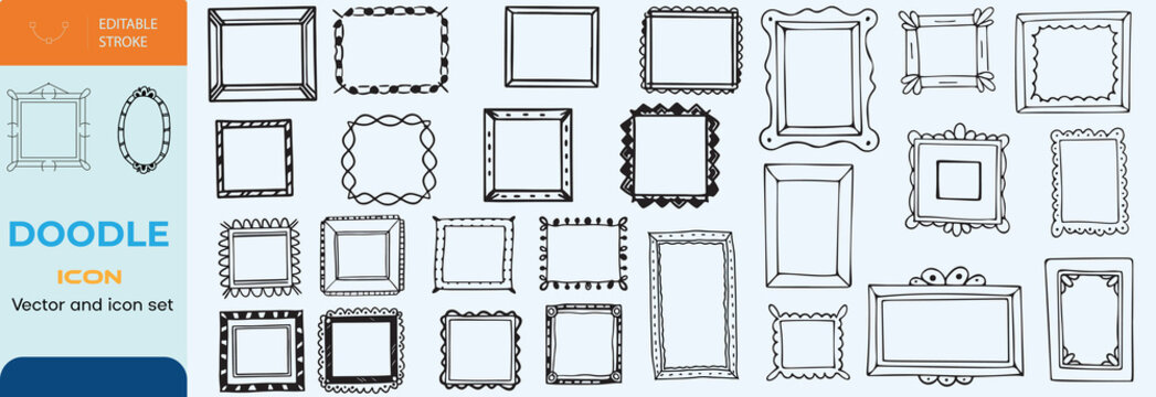 Hand drawn Doodle frames. Vintage doodle sketch picture frame. Blank black square cadre sketches painted by hands vector set
