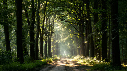 Forest Path Sunlight Serenity, Woodland Trail with Sun Rays, Trees Landscape Scenery, Peaceful Forest Walk, Nature Exploration Background, Scenic Forest Trail View, Quiet Forest Ambiance