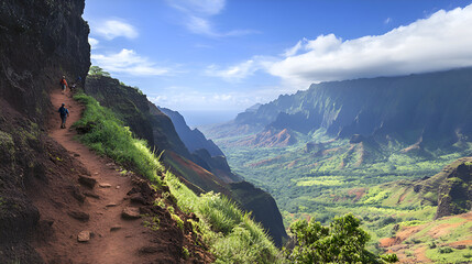 Hiking Adventure in Waimea Canyon, Kauai Lush Green Valley. Breathtaking views of the valley and the Pacific Ocean. Trail winding along the cliff edge with hikers exploring the vibrant landscape and