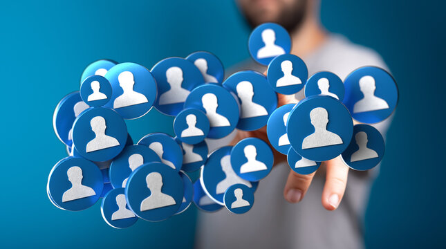 Abstract image depicting social connection. Hand reaching for a group of floating user profile icons, representing networking and community.