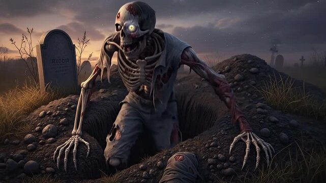 A zombie emerging from the grave in a spooky cemetery setting. The zombie appears menacing, with a decaying appearance and bony frame. The atmosphere is dark and eerie.