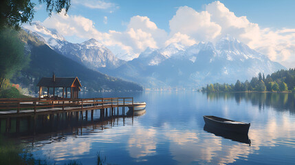Lake Serenity Scene with Pier and Boat Reflecting Snow Mountains Peaceful waterfront wooden pier with gazebo and small boat on calm clear lake with snow-capped mountains and fluffy clouds in serene