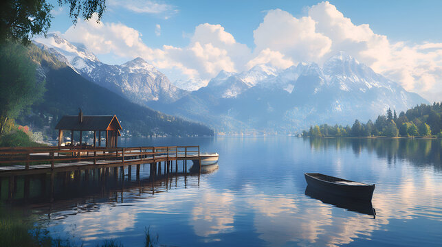Lake Serenity Scene with Pier and Boat Reflecting Snow Mountains Peaceful waterfront wooden pier with gazebo and small boat on calm clear lake with snow-capped mountains and fluffy clouds in serene
