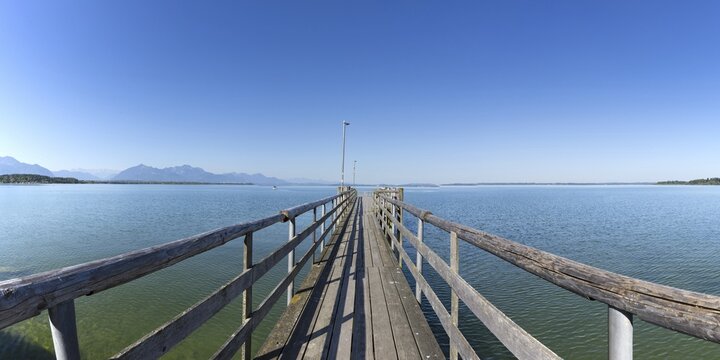 Wooden jetty and landing stage, Chieming, Chiemsee, Chiemgau, Bavaria, Germany