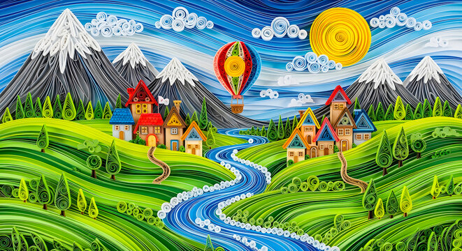 Quilled Paper Landscape with a Hot Air Balloon Floating Over a Charming Village in the Mountains