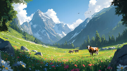 Mountain Pasture Cows Grazing Beautiful Alpine Meadow with Wildflowers and Evergreen Trees Against a Backdrop of Majestic Peaks and Blue Sky Tranquil Rural Scene Landscape