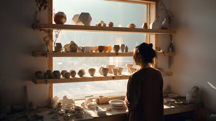 Pottery Studio with Woman Artist Viewing Shelves of Ceramic Art. Minimalist Workshop Interior with Handmade Clay Vases and Bowls in Sunlight, Calm Artistic Atmosphere, Creative Craftsmanship