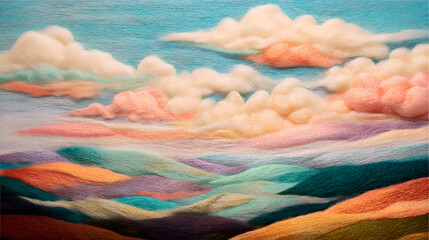 Pastel Landscape Soft Felted Mountains Clouds Gentle Sky Dreamy Hues Unique Texture Artful Scenic Beauty Wool Crafted Serene Atmosphere Handcrafted Woolen Painting Peaceful Panorama Colorful