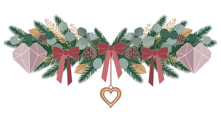 A beautifully illustrated festive Christmas garland featuring evergreen branches, pinecones, elegant red bows, and charming ornaments, perfect for holiday season designs.