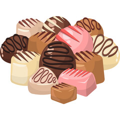 Assortment Of Delicious Chocolates In Various Shapes And Colors With Drizzled Toppings On A Transparent Background