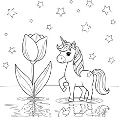Cute Unicorn and Tulip Coloring Page with Stars and Reflections - Whimsical Outline Art for Kids and Creative Projects