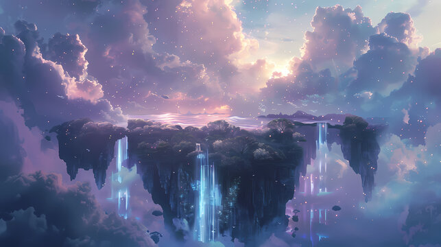 Floating Islands: Captivating scenery of floating islands set against a backdrop of wispy clouds, portraying a sense of tranquility and wonder.