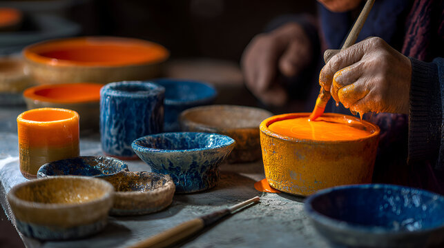 Pottery Glazing Art Crafting Ceramic Bowls with Vibrant Orange Glaze being applied by Artist's Hand, Artisan decorating pottery, handmade ceramics, colorful glaze, craft studio, creative process - Powered by Adobe