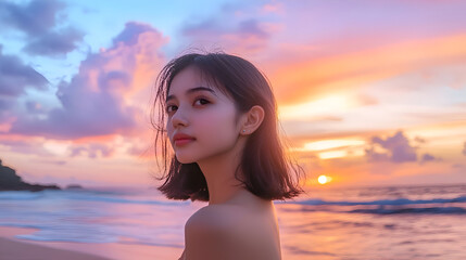 Sunset Beach Portrait Asian Woman Attractive young woman looking over shoulder at dreamy colorful sunset on tropical beach with pastel skies, a romantic seaside escape for relaxation and vacation