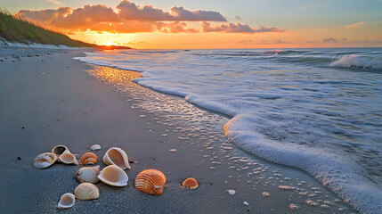 Seashells Beach Sunrise Ocean Landscape Scenery Beautiful seashells scattered along a sandy shore with soft waves as the sun rises over the horizon creating a vibrant and serene tropical atmosphere