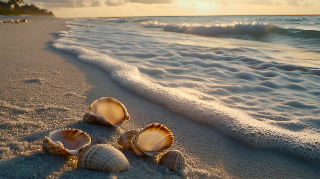 Seashells Beach at Sunset Serenity, a collection of beautiful seashells resting on a sandy beach with gentle waves lapping at the shore, bathed in the warm glow of the setting sun creates a serene