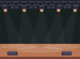 Empty music stage. Concert stage with spotlights. Vector stock