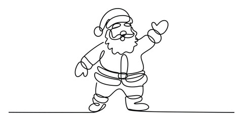 Minimalist continuous line art of santa claus waving, festive