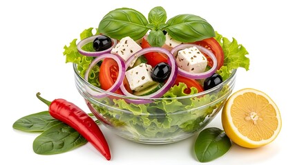 Fresh greek salad with feta cheese isolated on white background