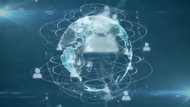 Digital globe with connected users, global network concept on dark blue background. Usable for tech and social media