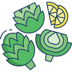 Artichoke and Lemon Slices Flat Illustration Green and Yellow Tones Transparent Background