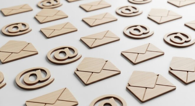 Wooden email and at symbols scattered across a white surface.