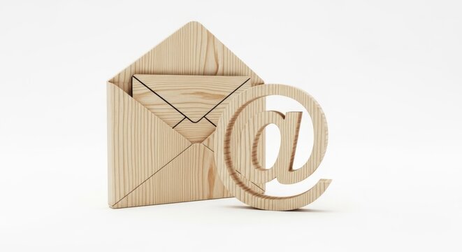 Wooden email envelope and at symbol on white background