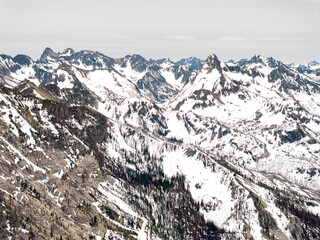 Snow covered mountain peaks in the rugged Sawtooth mountains of Idaho