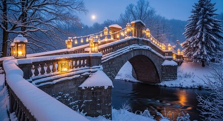 Enchanting Winter Bridge Scene with Moonlit Snowfall
