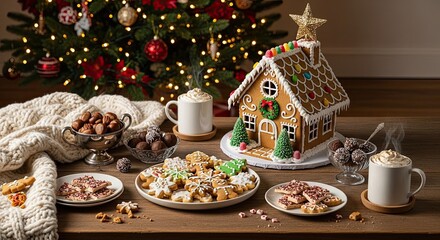 Fototapeta premium Festive Gingerbread House and Holiday Cookies Display