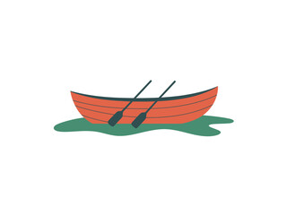A small orange rowboat with oars floats on calm green water.