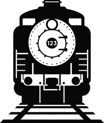 Steam locomotive front view, vintage train illustration, black and white railway engine, retro transportation graphic, industrial travel icon, railroad art