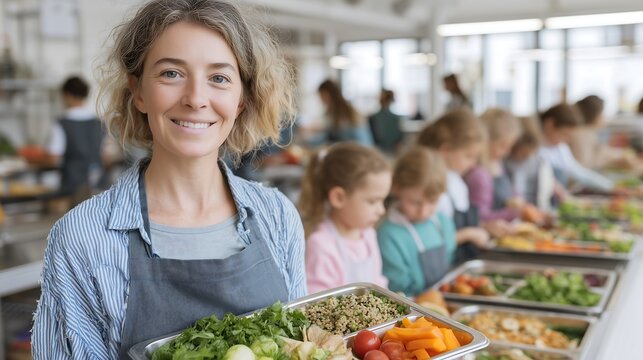 Smiling Cafeteria Worker Serving Healthy School Meals. Concept of education, wellness, child health, and community support. - Powered by Adobe