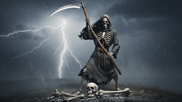 The Grim Reaper stands defiantly with its scythe amid a thunderstorm. Lightning illuminates the dramatic scene, evoking a sense of foreboding and the inevitability of death.