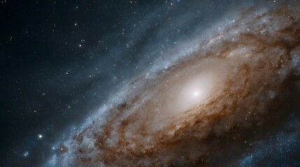 A luminous spiral galaxy featuring intricate dust lanes and a bright central core against a dark star filled cosmic background