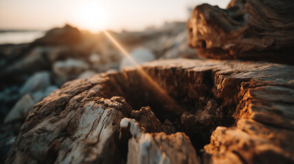 Golden hour illuminating a rugged, weathered driftwood log washed ashore on a secluded beach at sunset
