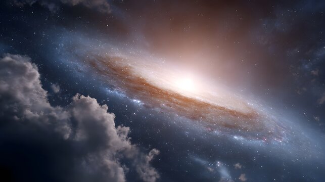 A radiant spiral galaxy emerges from swirling nebulae and surreal clouds in deep space