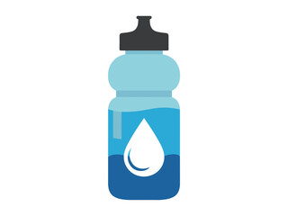 A stylized illustration of a reusable water bottle filled with blue liquid and a white water drop symbol.