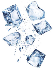 Obraz premium Several ice cubes falling and splashing in water isolated on transparent background