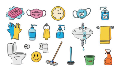 A collection of household items, including soap, mask, a clock and others arranged in a neat fashion. Vector illustration