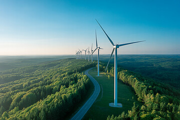 Aerial view of wind turbine farm on a green hill providing clean energy for a sustainable future world