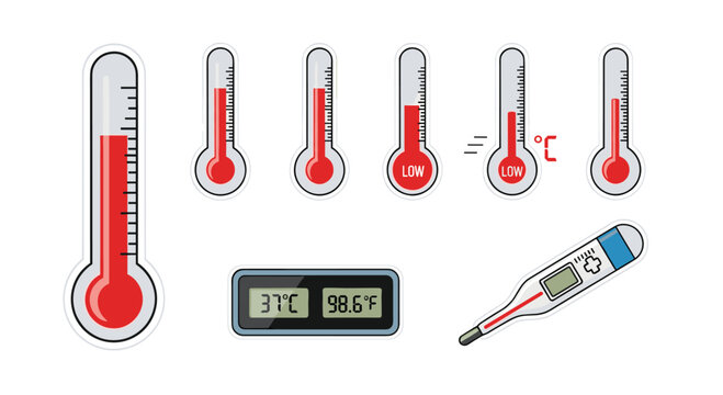 Diverse thermometer collection showing various temperature readings and styles for health and science applications, Generative AI